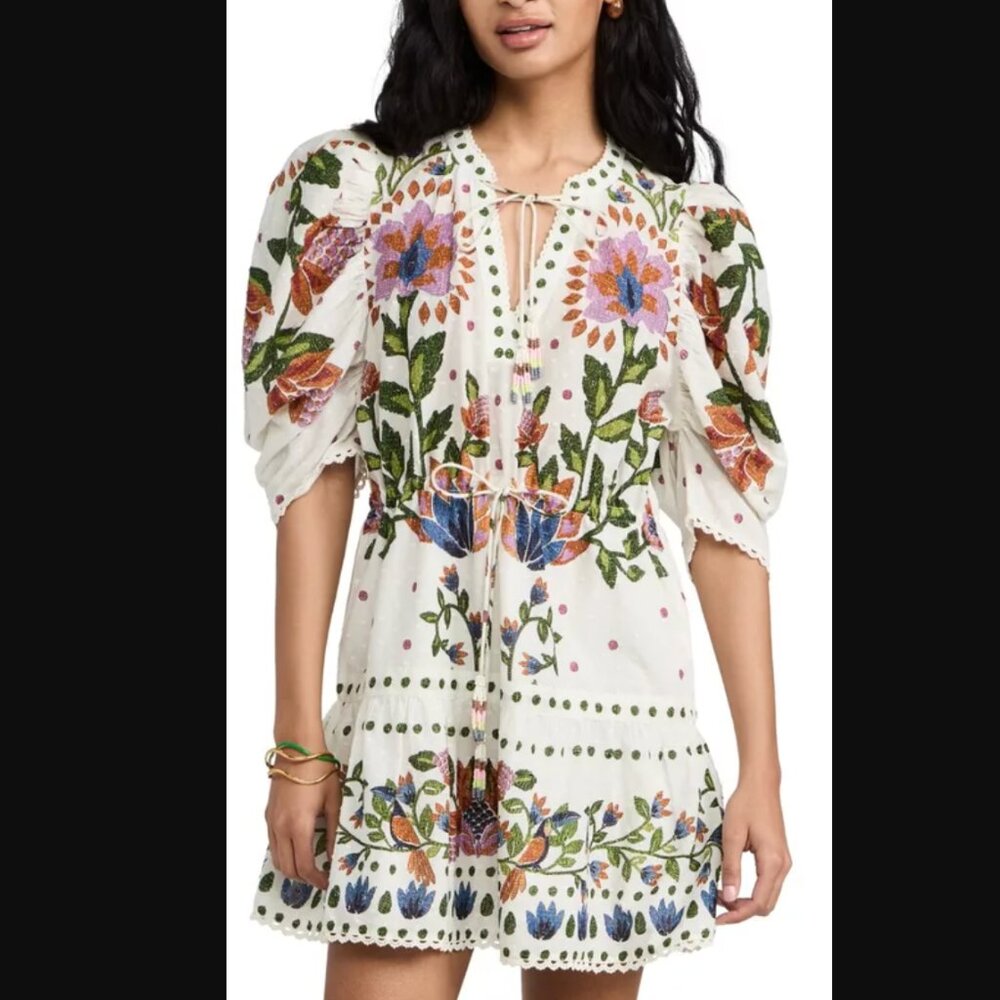 FARM Rio White Floral Mini Dress with Multicolor Embroidery